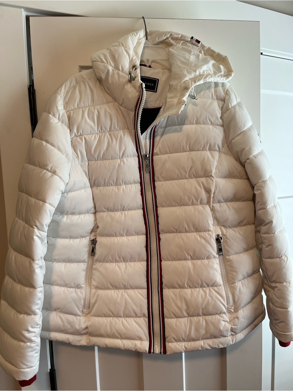 Tommy Hilfiger White Quilted Hooded Puffer with Signature Trim